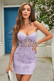 Sheath Sweetheart Purple Short Cocktail Dress with Appliques