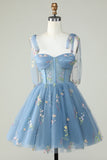 Cute A Line Spaghetti Straps Grey Blue Short Cocktail Dress with Appliques