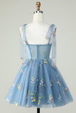 Cute A Line Spaghetti Straps Grey Blue Short Cocktail Dress with Appliques