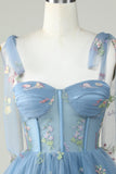 Cute A Line Spaghetti Straps Grey Blue Short Cocktail Dress with Appliques