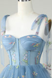 Cute A Line Spaghetti Straps Grey Blue Short Cocktail Dress with Appliques