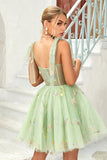 Cute A Line Spaghetti Straps Grey Blue Short Cocktail Dress with Appliques