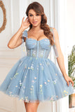 A Line Spaghetti Straps Grey Blue Short Cocktail Dress with Embroidery