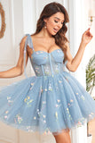 A Line Spaghetti Straps Grey Blue Short Cocktail Dress with Embroidery