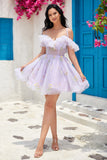 Cute A Line Lavender Off the Shoulder Corset Cocktail Dress with Ruffles