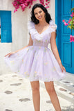 Cute A Line Lavender Off the Shoulder Corset Cocktail Dress with Ruffles