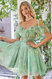 Off the Shoulder Ruffles Tulle Cocktail Dress with Embroidery