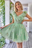 Off the Shoulder Ruffles Tulle Cocktail Dress with Embroidery
