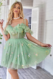 Off the Shoulder Ruffles Tulle Cocktail Dress with Embroidery