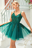 A Line Spaghetti Straps Dark Green Short Cocktail Dress with Appliques Beading