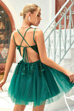 A Line Spaghetti Straps Dark Green Short Cocktail Dress with Appliques Beading