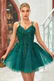 A Line Spaghetti Straps Dark Green Short Cocktail Dress with Appliques Beading