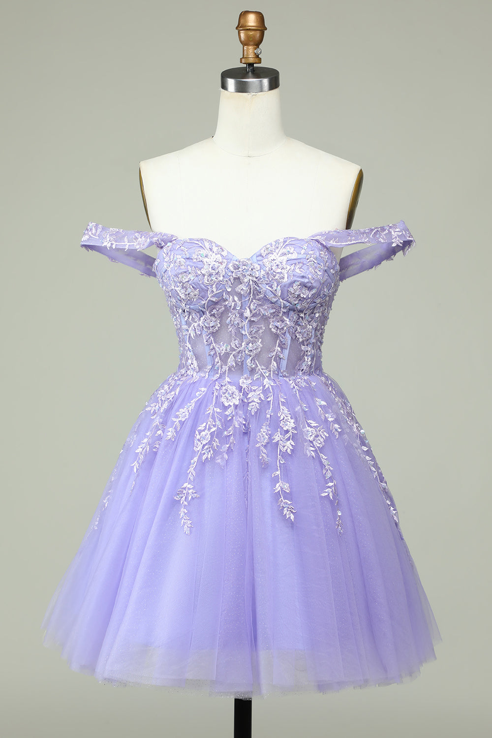 Lilac A Line Off the Shoulder Corset Cocktail Dress with Appliques