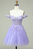 Lilac A Line Off the Shoulder Corset Cocktail Dress with Appliques