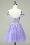 Lilac A Line Off the Shoulder Corset Cocktail Dress with Appliques