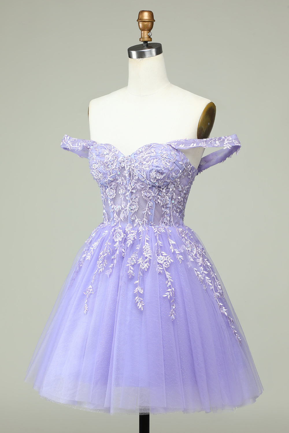 Lilac A Line Off the Shoulder Corset Cocktail Dress with Appliques