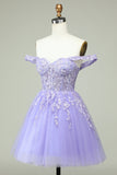 Lilac A Line Off the Shoulder Corset Cocktail Dress with Appliques
