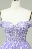 Lilac A Line Off the Shoulder Corset Cocktail Dress with Appliques