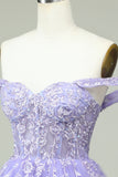 Lilac A Line Off the Shoulder Corset Cocktail Dress with Appliques