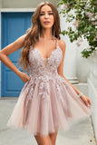 A Line Spaghetti Straps Blush Short Cocktail Dress with Criss Cross Back