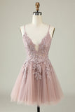A Line Spaghetti Straps Blush Short Ball Dress with Appliques