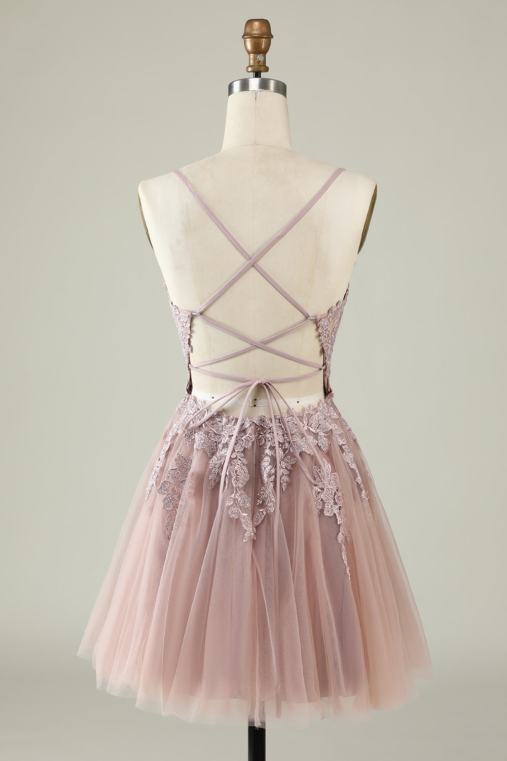 A Line Spaghetti Straps Blush Short Cocktail Dress with Criss Cross Back