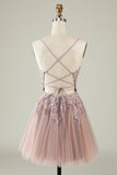 A Line Spaghetti Straps Blush Short Cocktail Dress with Criss Cross Back