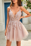 A Line Spaghetti Straps Blush Short Cocktail Dress with Criss Cross Back