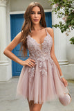 A Line Spaghetti Straps Blush Short Cocktail Dress with Criss Cross Back
