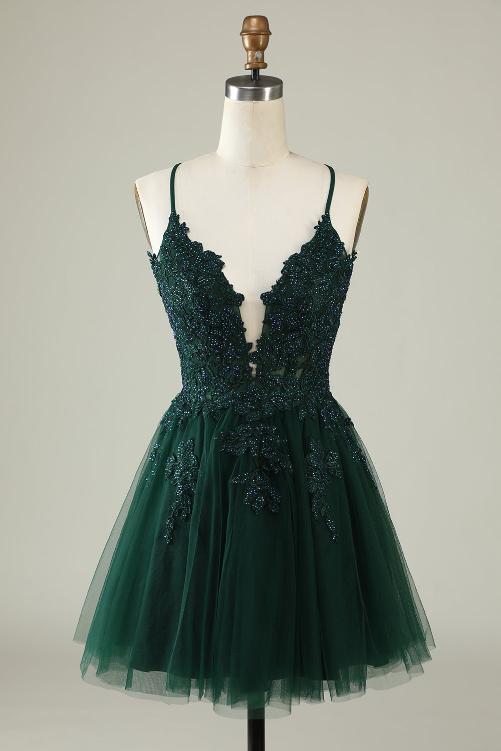 A Line Spaghetti Straps Dark Green Short Ball Dress with Appliques