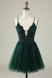 A Line Spaghetti Straps Dark Green Short Ball Dress with Appliques