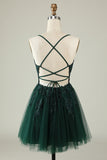 A Line Spaghetti Straps Grey Blue Short Ball Dress with Appliques