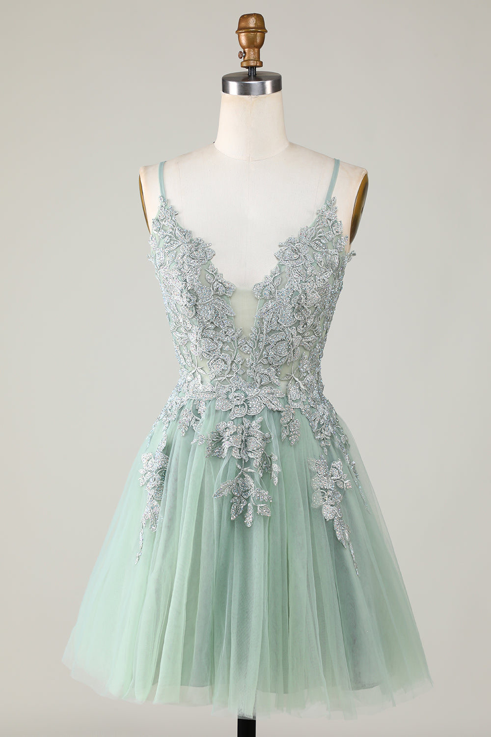 Stylish A Line Spaghetti Straps Green Short Cocktail Dress with Appliques