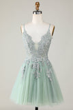 Stylish A Line Spaghetti Straps Green Short Cocktail Dress with Appliques