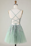 Stylish A Line Spaghetti Straps Green Short Cocktail Dress with Appliques
