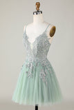 Stylish A Line Spaghetti Straps Green Short Cocktail Dress with Appliques