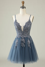 A Line Spaghetti Straps Grey Blue Short Ball Dress with Appliques