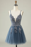 A Line Spaghetti Straps Grey Blue Short Ball Dress with Appliques