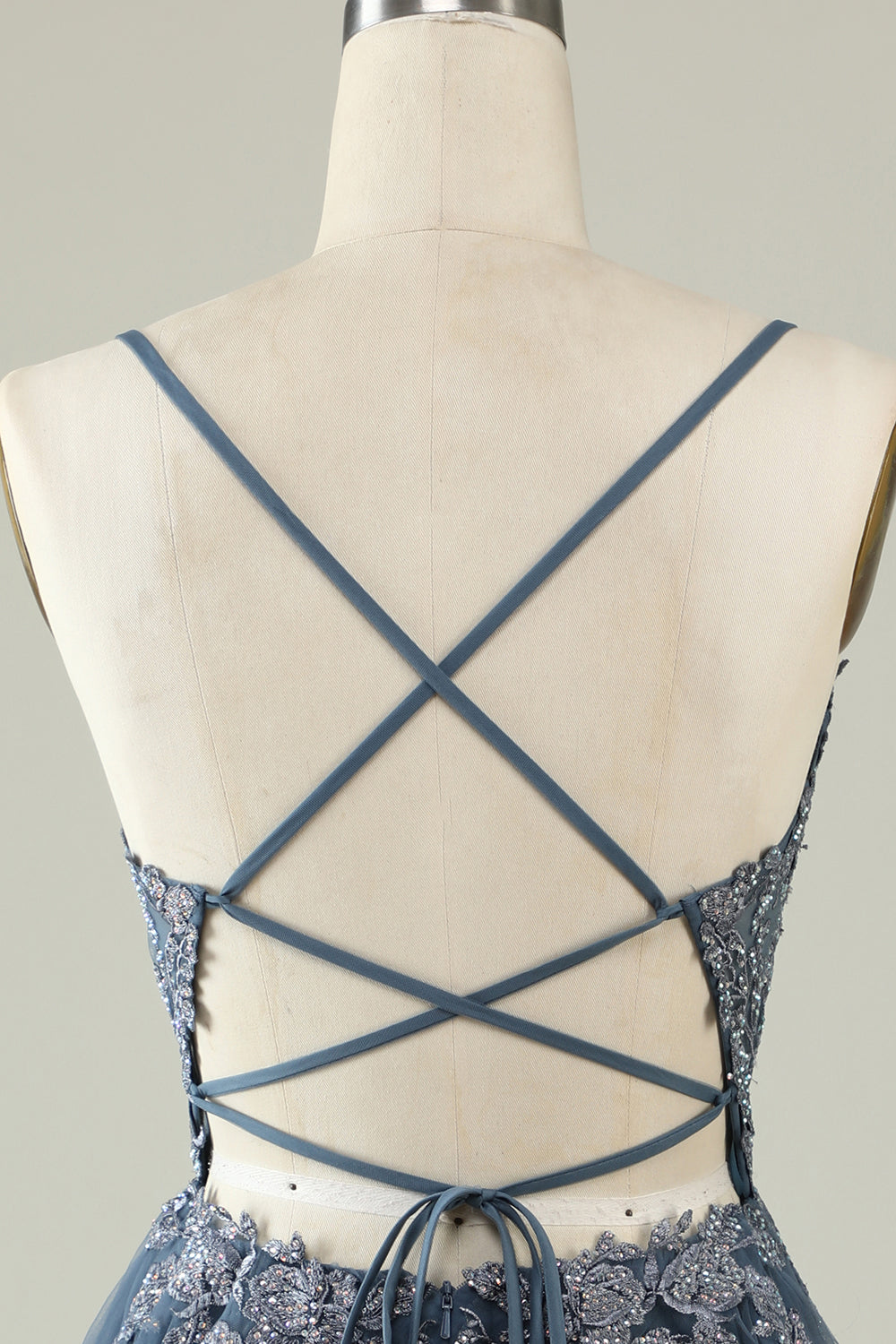 A Line Spaghetti Straps Grey Blue Short Ball Dress with Appliques