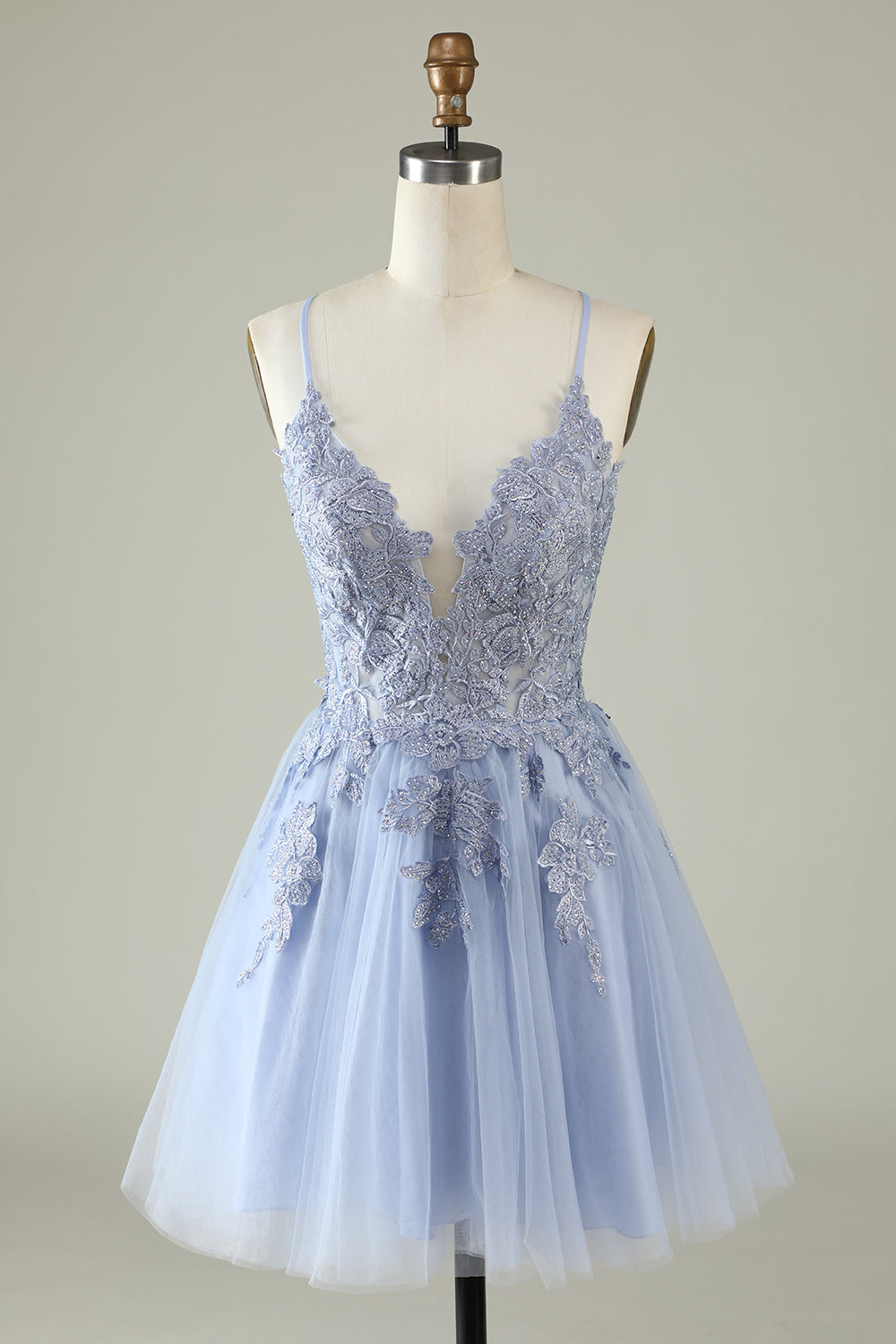 A Line Spaghetti Straps Grey Blue Short Ball Dress with Appliques
