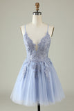 A Line Spaghetti Straps Light Purple Short Cocktail Dress with Appliques