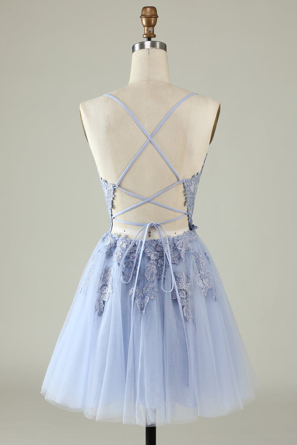 A Line Spaghetti Straps Grey Blue Short Ball Dress with Appliques