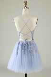 A Line Spaghetti Straps Grey Blue Short Ball Dress with Appliques