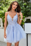 A Line Spaghetti Straps Light Purple Short Cocktail Dress with Appliques