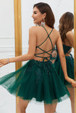 A Line Spaghetti Straps Grey Blue Short Cocktail Dress with Appliques