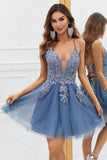 A Line Spaghetti Straps Blush Short Cocktail Dress with Criss Cross Back