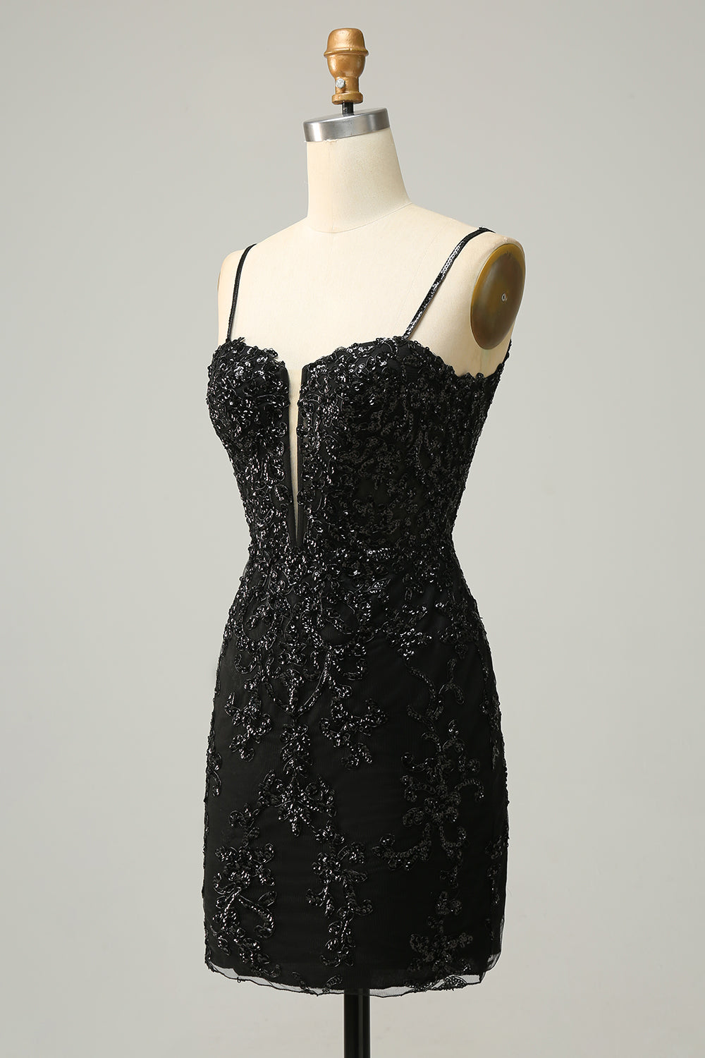Sheath Spaghetti Straps Black Sequins Short Cocktail Dress with Criss Cross Back
