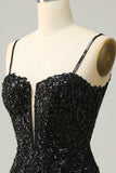 Sheath Spaghetti Straps Black Sequins Short Cocktail Dress with Criss Cross Back