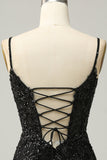 Sheath Spaghetti Straps Black Sequins Short Cocktail Dress with Criss Cross Back