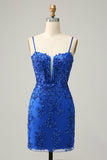 Sheath Spaghetti Straps Black Sequins Short Cocktail Dress with Criss Cross Back